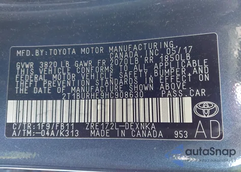 2017 Toyota Corolla Le from USA, damaged, VIN 2T1BURHE9HC908630